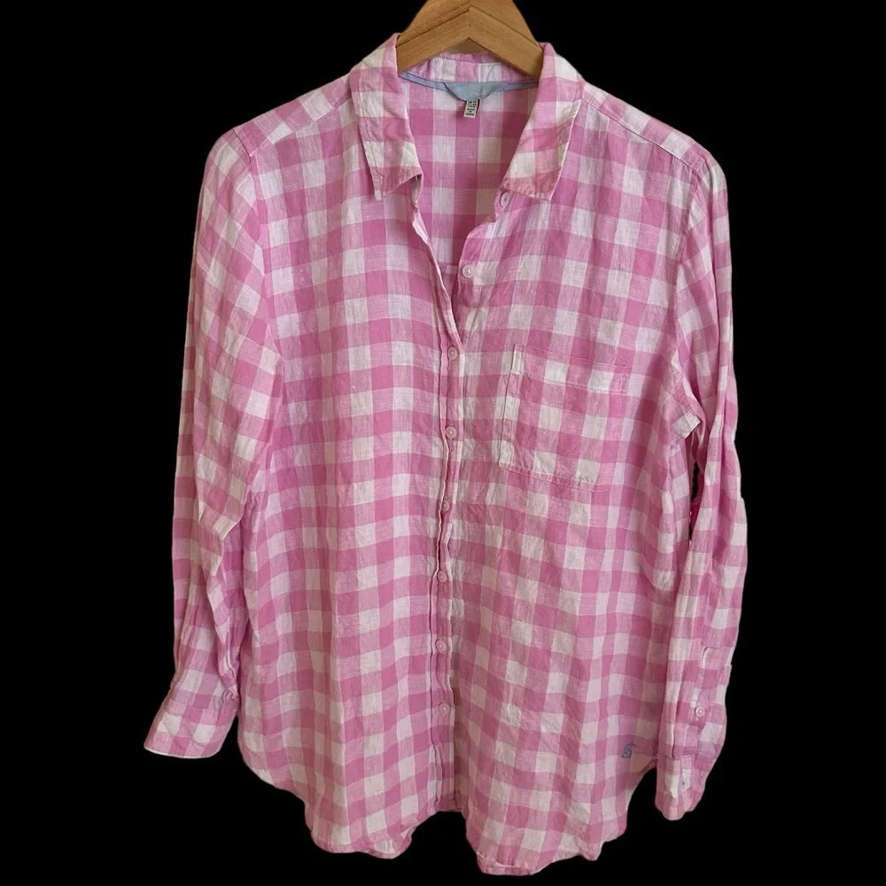 Joules size 8 Jeanne 100% Linen Pink Gingham Check Button Up Shirt Blouse 200729